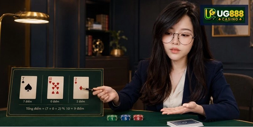 Ba lá được cộng điểm rồi lấy hàng đơn vị để xác định điểm cuối cùng